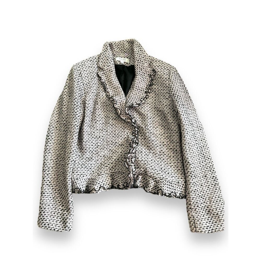 Vintage Y2K BIGIO Women's Pink Tweed Ruffle‎ Snap Button Blazer Jacket sz 12 USA - Picture 6 of 7